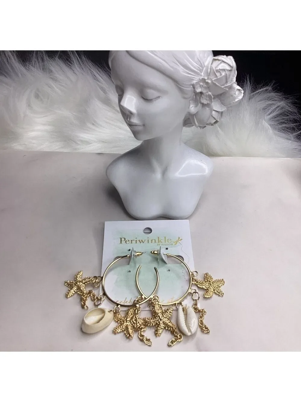 NEW PERIWINKLE BY BARLOW GOLD HOOP EARRINGS COASTAL BEACH‎ VACATION STARS SHELLS